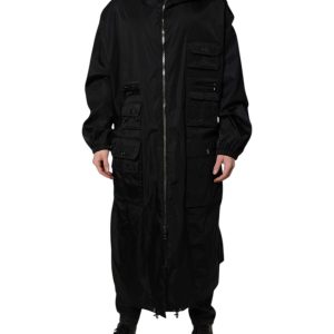 Black Hooded Long Men Windbreaker Jacket