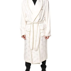 Ivory Silk Logo Men Wrap Robe Coat Jacket