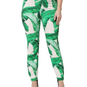 White Green Leaf High Waist Pants
