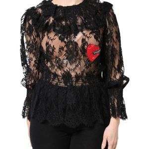 Black Cotton Floral Lace Women Blouse Top