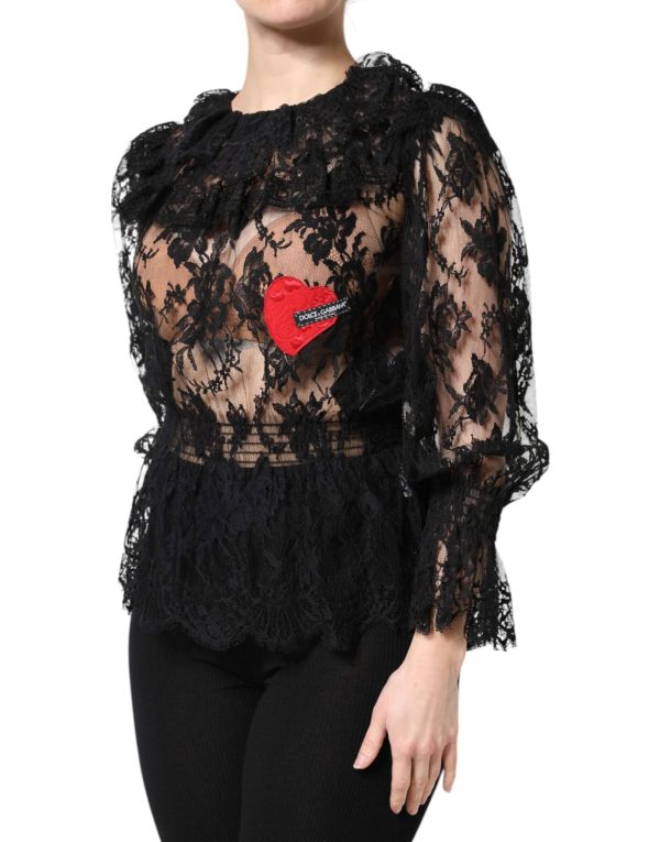 Black Cotton Floral Lace Women Blouse Top - Image 3