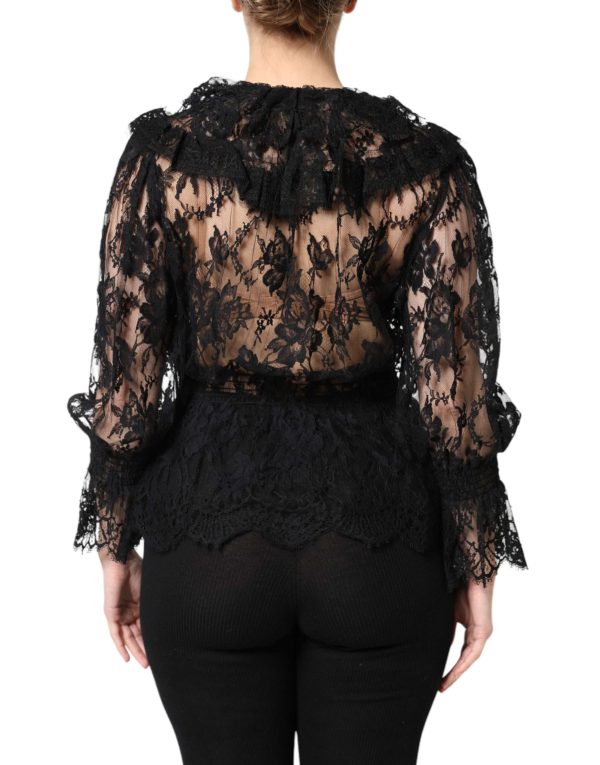 Black Cotton Floral Lace Women Blouse Top - Image 4
