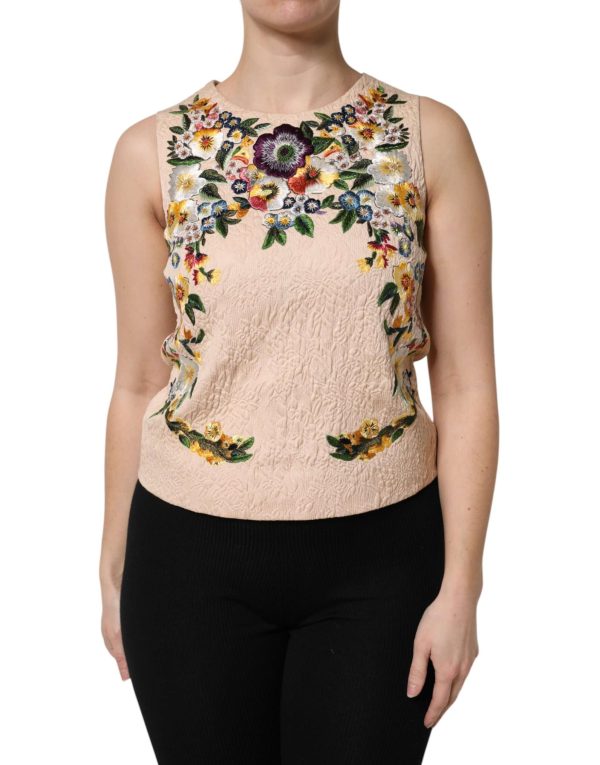 Beige Floral Embroidery Sleeveless Tank Top - Image 2
