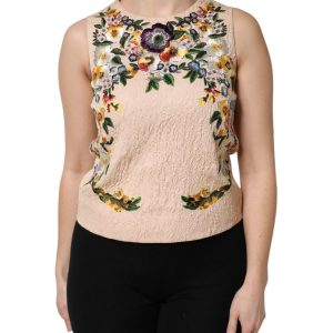 Beige Floral Embroidery Sleeveless Tank Top