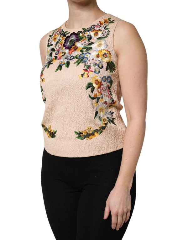 Beige Floral Embroidery Sleeveless Tank Top - Image 3
