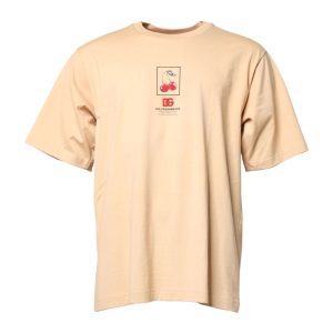 Beige Cotton Logo Print Crew Neck T-shirt