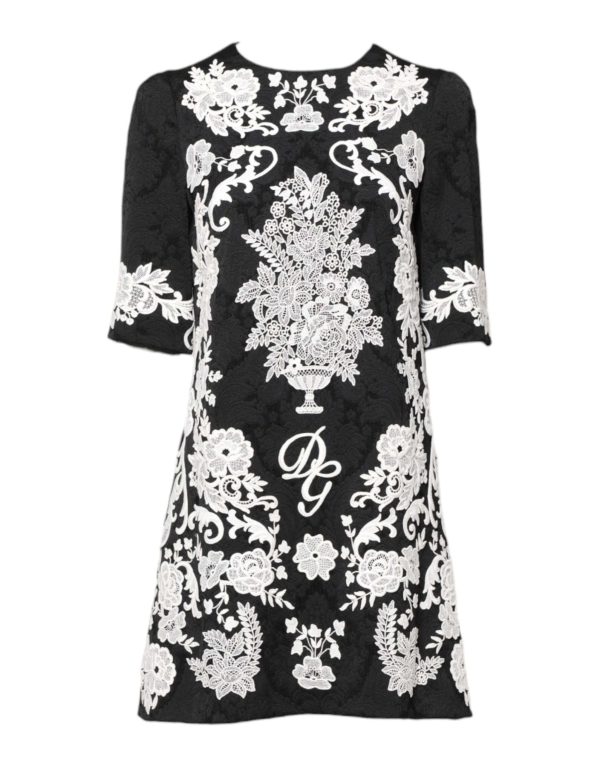 Black Floral Lace Short Sleeves Mini Dress
