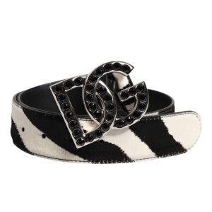 White Black Leather Zebra DG Crystal Buckle Belt