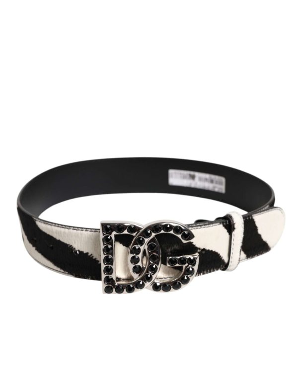 White Black Leather Zebra DG Crystal Buckle Belt - Image 3