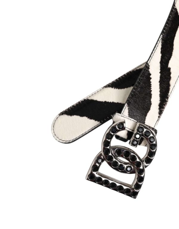 White Black Leather Zebra DG Crystal Buckle Belt - Image 6