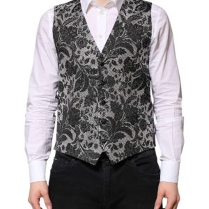 Black Gray Brocade Formal Men Waistcoat Vest