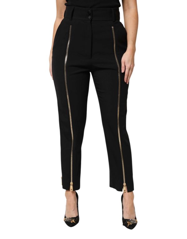 Black Wool High Waist Zipper Tapered Pants - Image 2