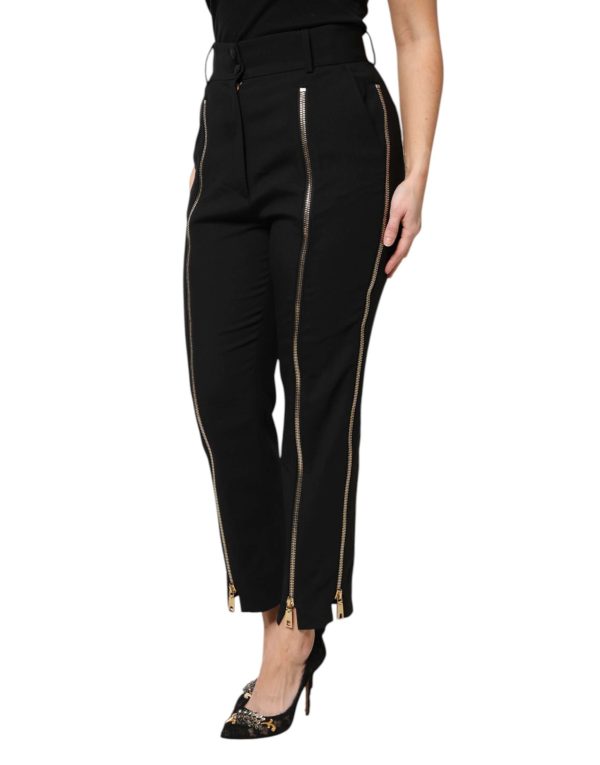 Black Wool High Waist Zipper Tapered Pants - Image 3