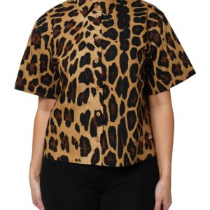Brown Leopard Short Sleeve Collared Polo Top