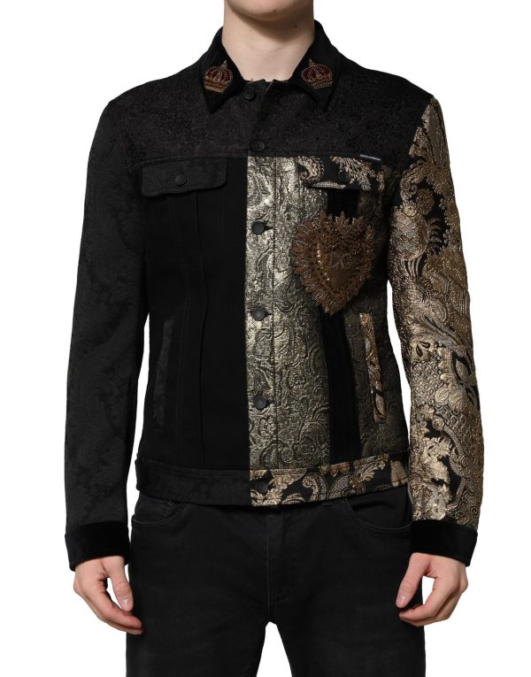Black Gold Floral Jacquard Men Biker Jacket - Image 2