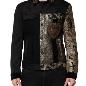 Black Gold Floral Jacquard Men Biker Jacket