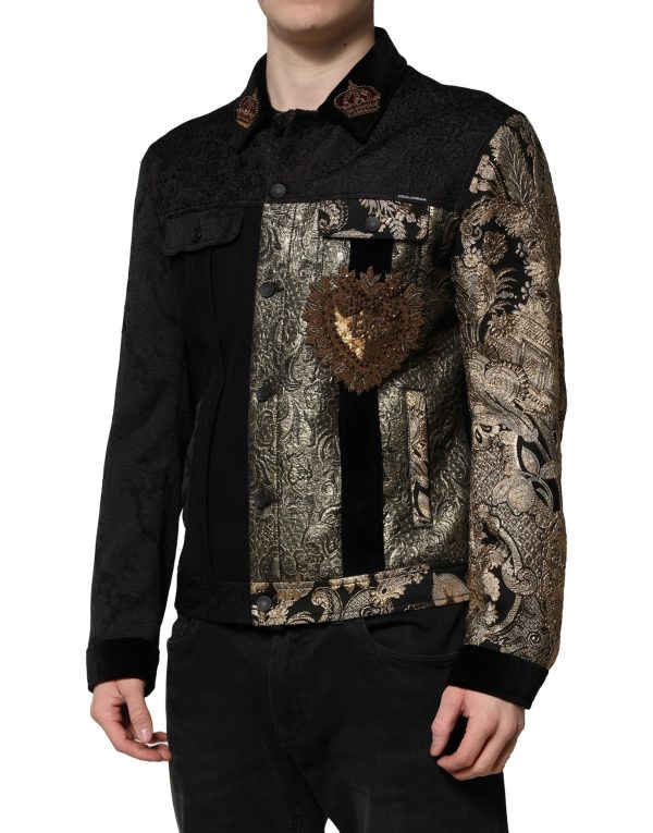 Black Gold Floral Jacquard Men Biker Jacket - Image 3