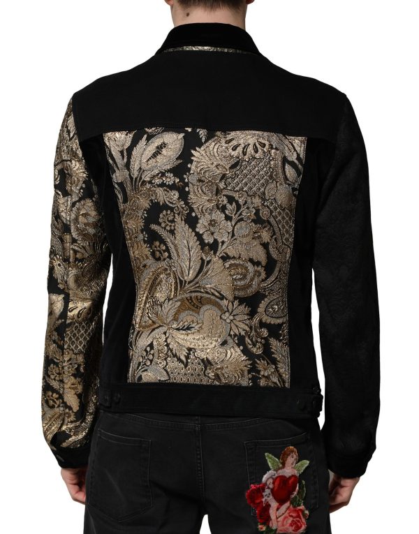 Black Gold Floral Jacquard Men Biker Jacket - Image 4