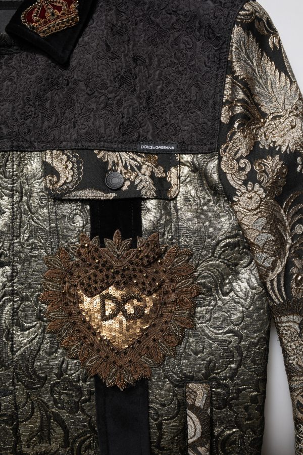 Black Gold Floral Jacquard Men Biker Jacket - Image 7