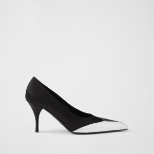Black Satin And Metallic Silver Leather Pumps