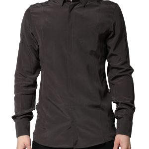 Dark Brown Silk GOLD Men Dress Formal Shirt