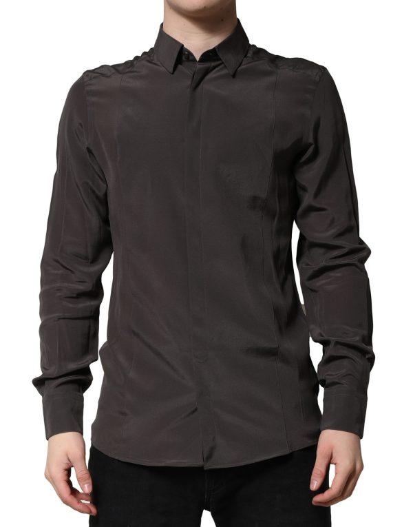 Dark Brown Silk GOLD Men Dress Formal Shirt
