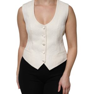Ivory Cotton Button Down Sleeveless Vest Top