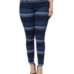 Blue Striped Cotton Stretch Denim Jeans