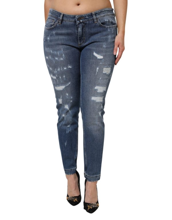 Blue Tattered Cotton Low Waist Denim Jeans - Image 2