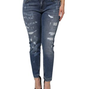 Blue Tattered Cotton Low Waist Denim Jeans