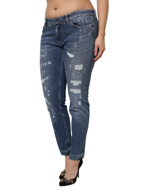 Blue Tattered Cotton Low Waist Denim Jeans - Image 3