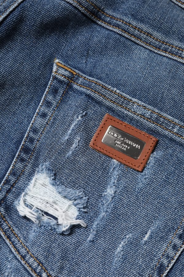 Blue Tattered Cotton Low Waist Denim Jeans - Image 7
