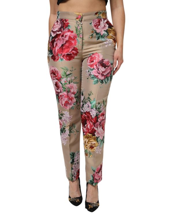 Beige Floral Print Women High Waist Pants - Image 2