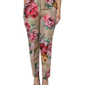 Beige Floral Print Women High Waist Pants