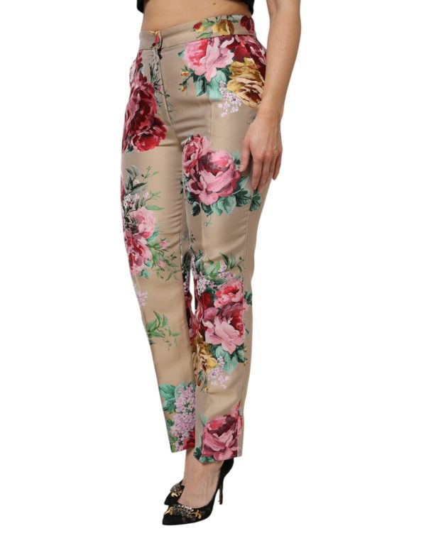 Beige Floral Print Women High Waist Pants - Image 3