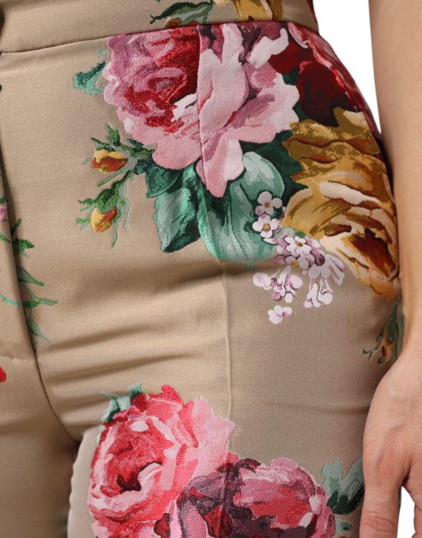 Beige Floral Print Women High Waist Pants - Image 5