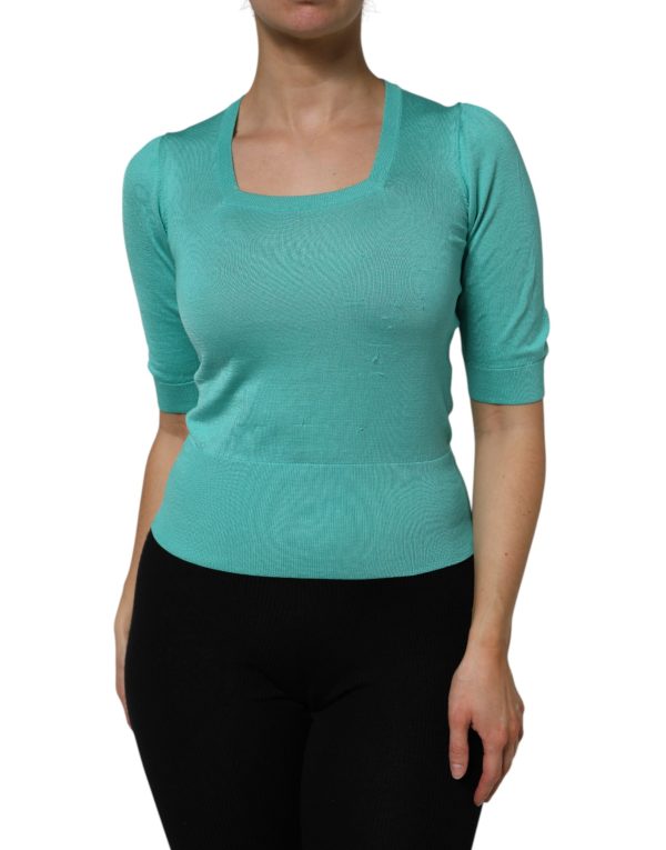 Aqua Blue Silk Short Sleeves Square Neck Top - Image 2