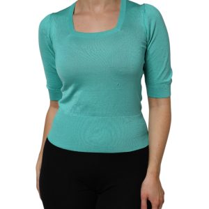Aqua Blue Silk Short Sleeves Square Neck Top
