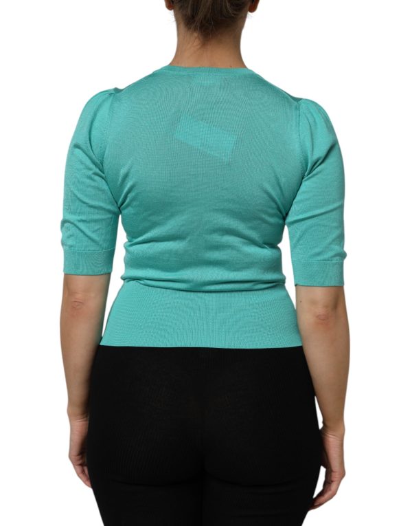 Aqua Blue Silk Short Sleeves Square Neck Top - Image 4
