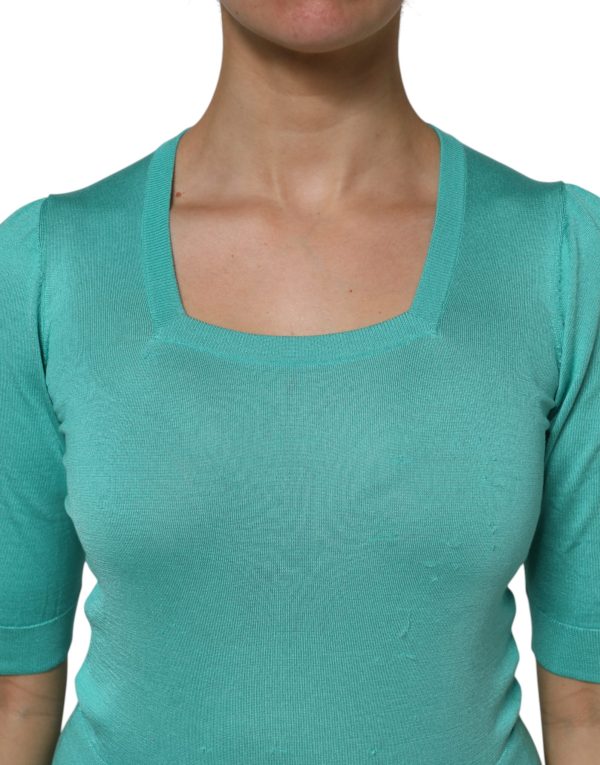 Aqua Blue Silk Short Sleeves Square Neck Top - Image 5