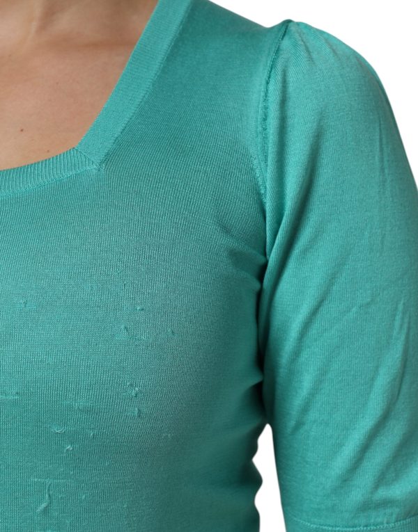 Aqua Blue Silk Short Sleeves Square Neck Top - Image 6