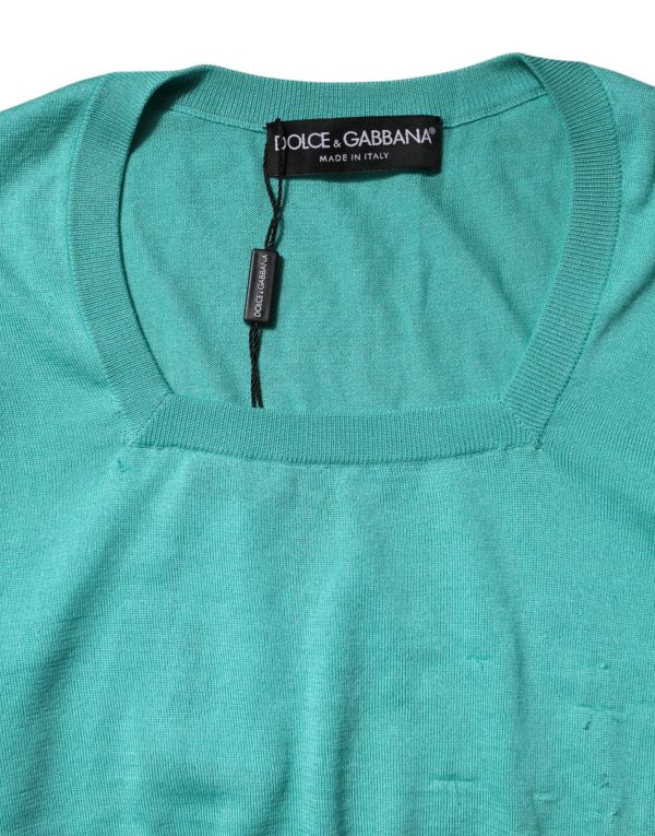 Aqua Blue Silk Short Sleeves Square Neck Top - Image 8
