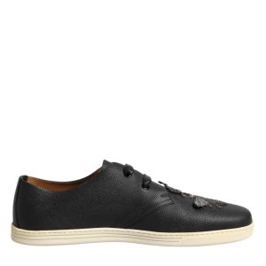Black Leather Bee Crown Low Top Sneakers Shoes