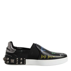 Black Leather Studded Graffiti Sneakers Shoes