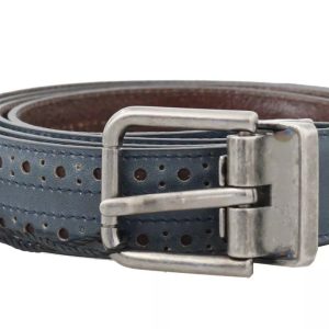 Blue Perforated Leather Gray Buckle Belt