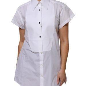 White Cotton Collared Short Sleeves Top