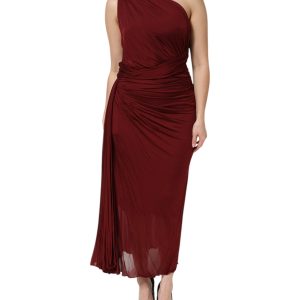 Red Viscose Fitted One Shoulder Midi Dress
