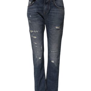 Blue Cotton Tattered Boyfriend Denim Jeans