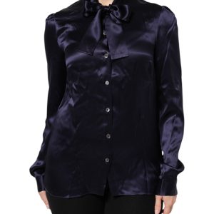 Dark Purple Silk Ascot Collared Blouse Top