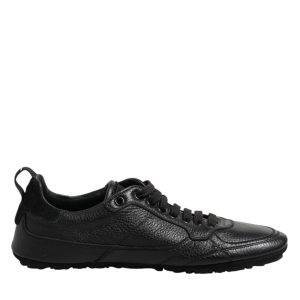 Black Leather Lace Up Low Top Sneakers Shoes